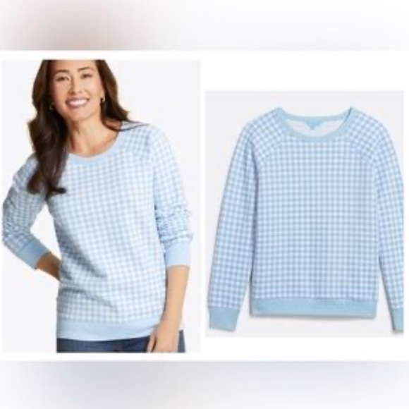 Draper James Natalie Gingham Baby Blue White Check Crewneck Sweatshirt SZ Small - Picture 1 of 10